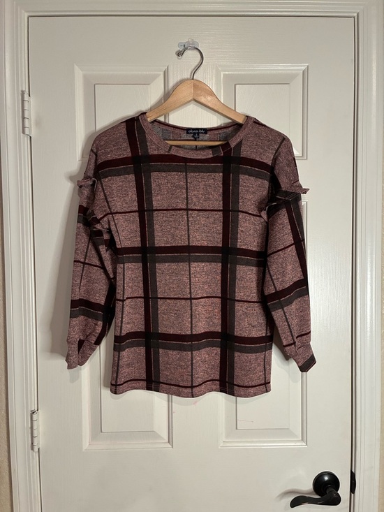 Olivia Blu Sweaters - Plaid Ruffle Detail Crewneck Sweater in Mauve